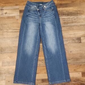 HALARA Blue High-Rise Wide Leg Asymmetrical Jeans with Faded Detail